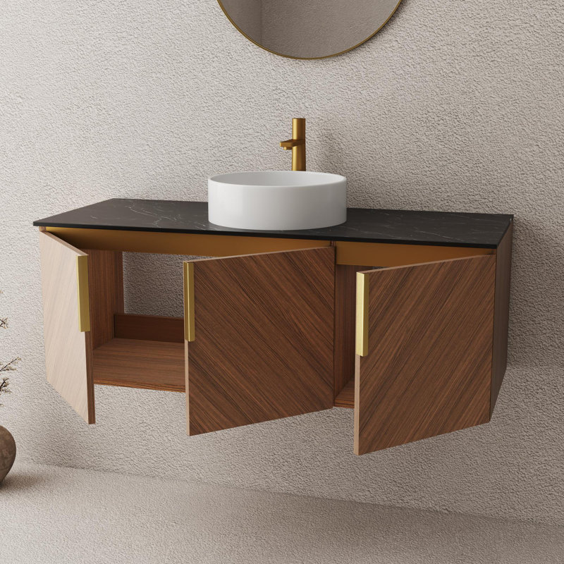 Meuble-lavabo mural avec lavabo rond en céramique, Blanc