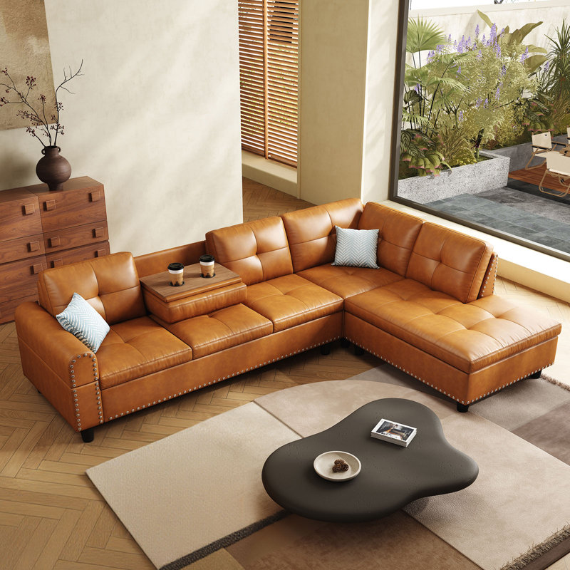 Canapé modulaire surdimensionné en cuir 97,5 po, canapé en L, 2-Piece(Sofa）, Brun