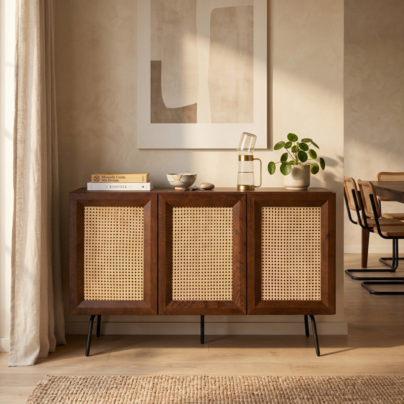 NTC MOSSIC Sideboard 3 Doors Natural Rattan Storage Cabinet, Buffet with Metal Legs, Boho Accent Cabinet for Living Room, Dining Room, and Entryway, Effortless Assembly