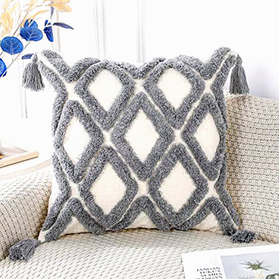 Diamond Tufted Boho Throw Pillow Covers - Soft Farmhouse Decorative Cushion Case for Couch Sofa - Modern Accent Grey Square Plush