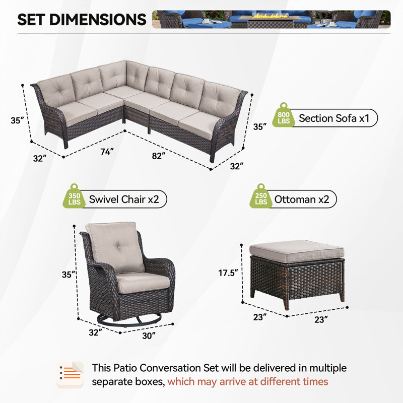 6-Piece Outdoor PE Rattan Sectional Seating Group With Cushions, Brown, Beige