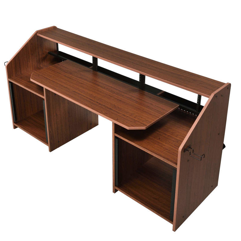Bureau de musique rectangulaire de couleur cerise pour les fabricants de musique de pointe, 2 compartiments ouverts, 1 tablette au-dessus, écouteurs, trous de câbles, trous de vis et plateau à outils rétractables, outils de fixation, crochets latéraux