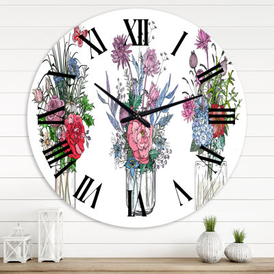 Bouquets de fleurs sauvages dans des vases transparents I - Horloge murale de ferme