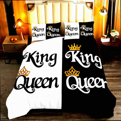 King and Queen Crown Comforter Set - Black White Couple Bedding for Adults. His Her Mr Mrs Quilt Duvet Sets - Wedding Valentines Gift. Bedroom Decor Queen Size with 2 Pillow Cases.