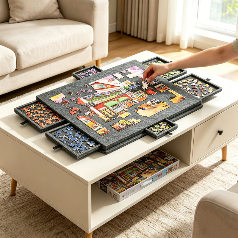 Tableau inclinable avec support et housse conçus 2 en 1, plateau de rangement en feutre super léger avec 6 tiroirs pour adultes et enfants, table de casse-tête portative pouvant accueillir jusqu'à 1000 pièces - gris