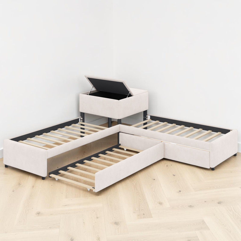 Upholstered L-Shape Double Twin Platform Beds With Trundle, Beige