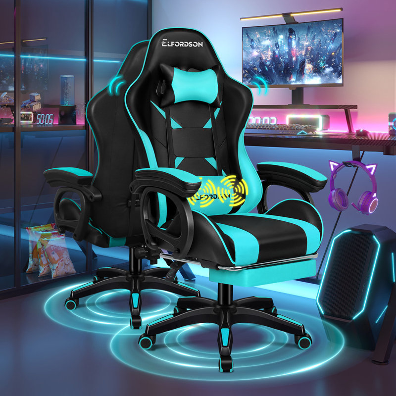Gaming Chair with Headrest, Cyan/Black