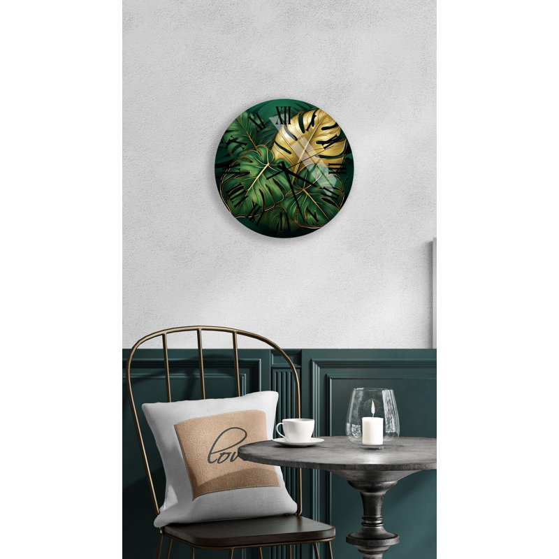 Horloge murale en verre trempé Bold Monstera, Noir