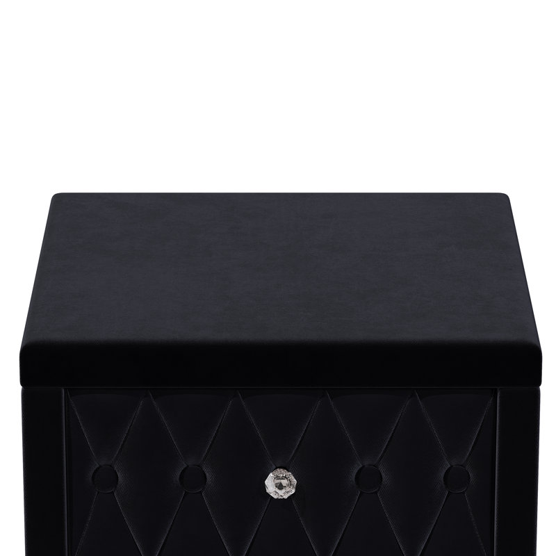 Table de chevet élégante en velours noir avec 2 tiroirs, table de chevet capitonnée avec poignées en cristal et structure en bois robuste
