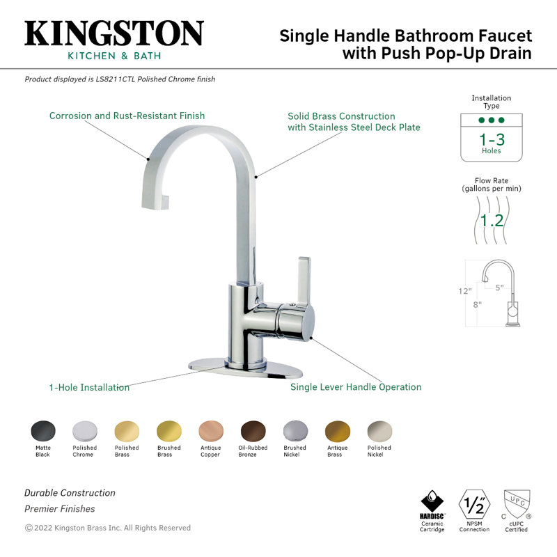 Kingston Brass Continental Single-Handle 1-Hole Deck Mount Bathroom Faucet with Push Pop-Up, Polished Chrome