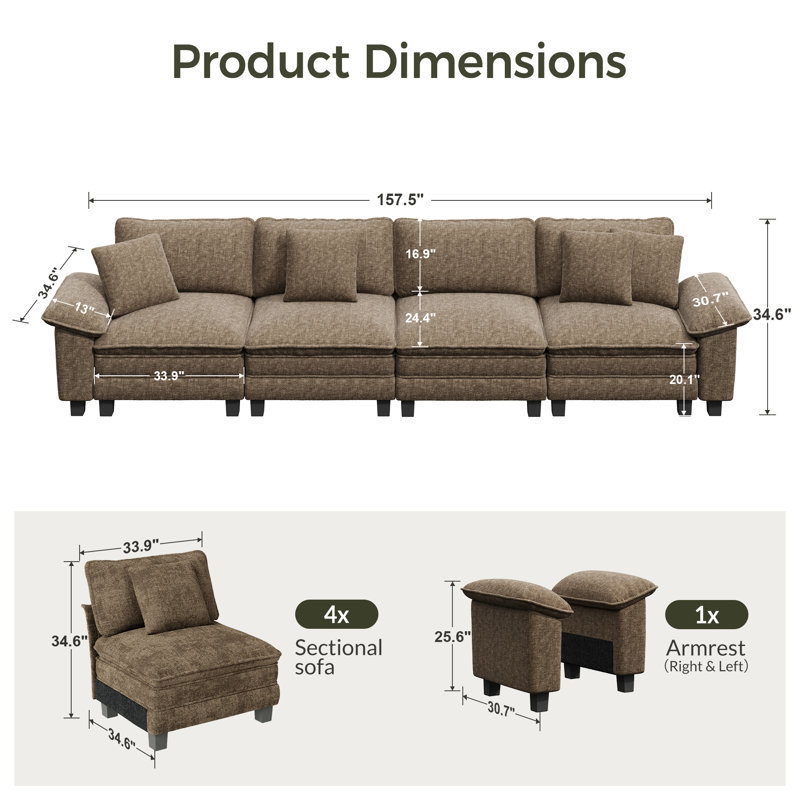 158" Modular Sectional Sofa, Comfy Cloud Couch For Living Room, 4-seater Deep Seat Sofa With Throw Pillow, Brown Chenille