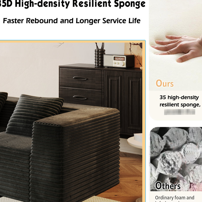 Canapé modulaire modulaire, gris sans os avec 3 sièges et 2 repose-pieds, mousse à mémoire de forme haute densité, assise profonde, velours côtelé, confort pour appartement, installation sans effort et sans assemblage