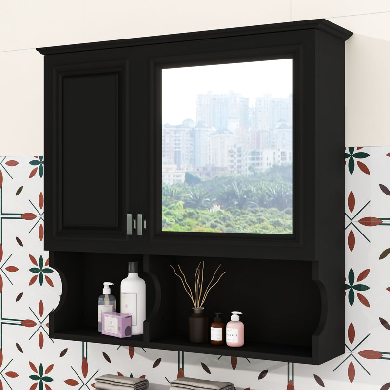 Armoire à pharmacie murale avec miroir, tablettes réglables, rangement ouvert et portes, Noir