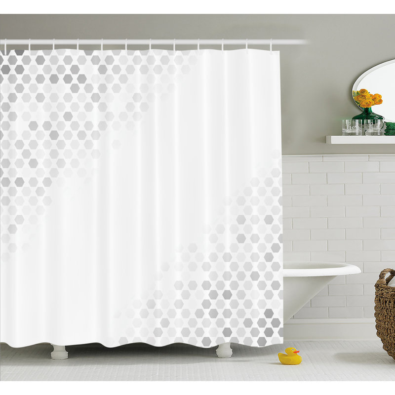 White and Silver Geometric Fabric Shower Curtain