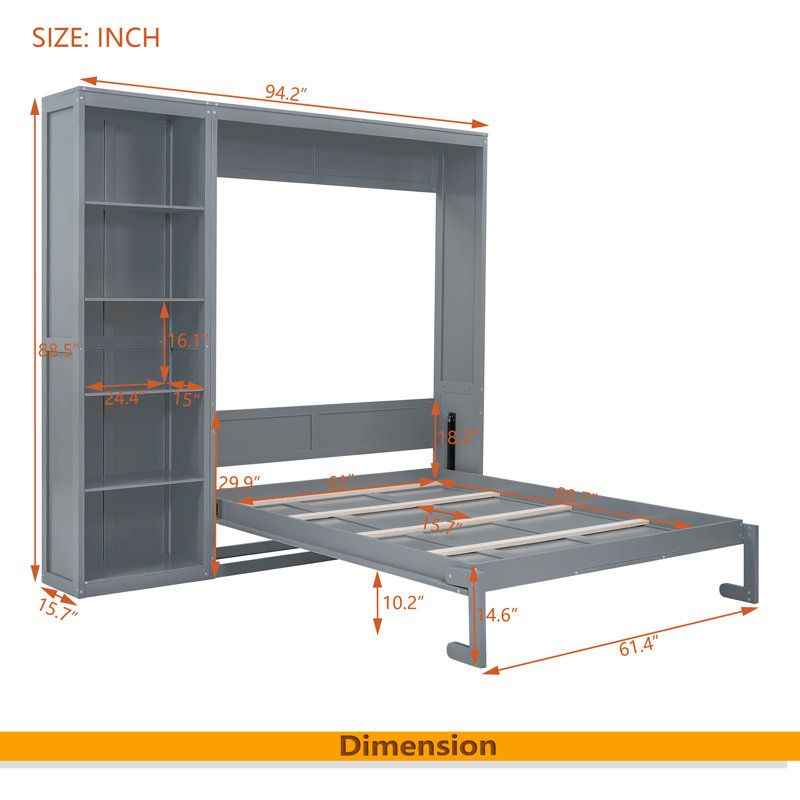 Murphy Bed Wall Bed With Cabinets, Gray, Queen