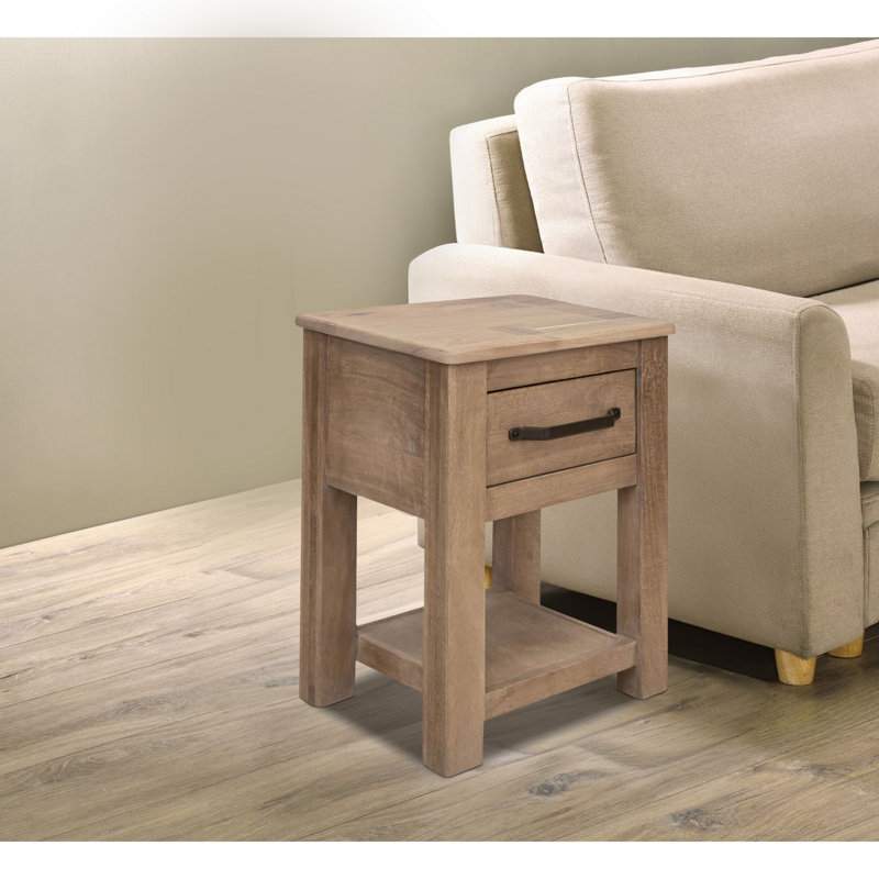 Umey Natural Brown Wood and Metal Chairside Table with Storage