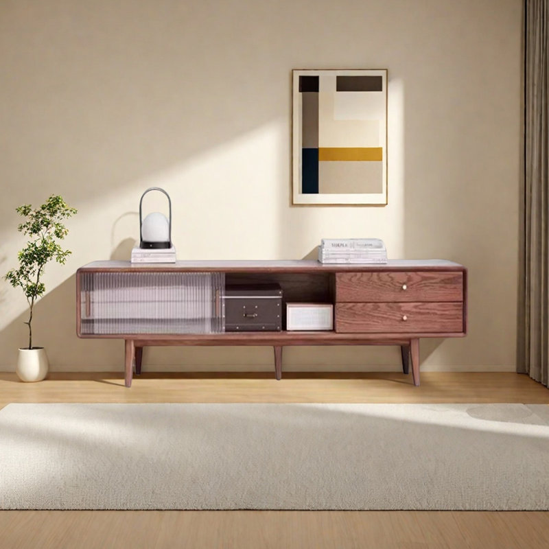 Oak TV Stand with Ribbed Glass Sliding Doors, 17.71"H x 59.05"L x 13.78"W