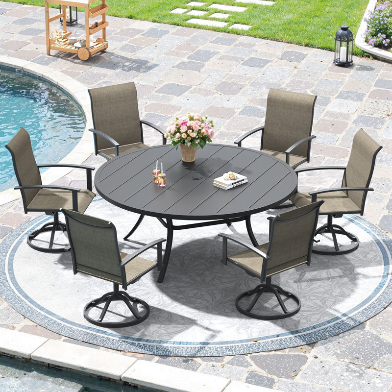 6-Person Outdoor Patio Dining Set with 53" Round Dining Table and 6 Swivel PVC-coated polyester Chairs, Black/Brown
