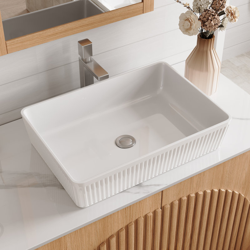 Black Rectangular Ceramic Vessel Sink, Modern Linear Design, 4.7" H X 19.7" L X 14.2" W, Fits 3.35" Countertop Hole