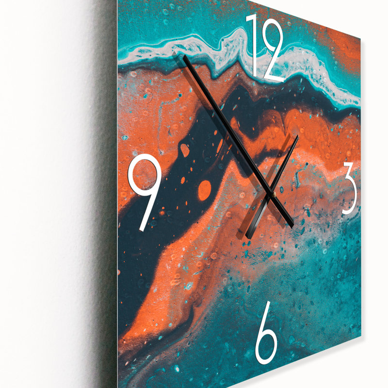 Composition abstraite de marbre en bleu et orange VI - Horloge murale moderne, Grand