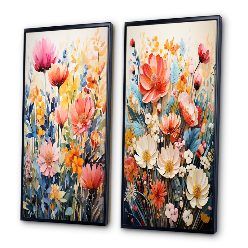«Multicolored Flowers Collage», 2 pièces, H 40 po x l 40 po, Cadre noir