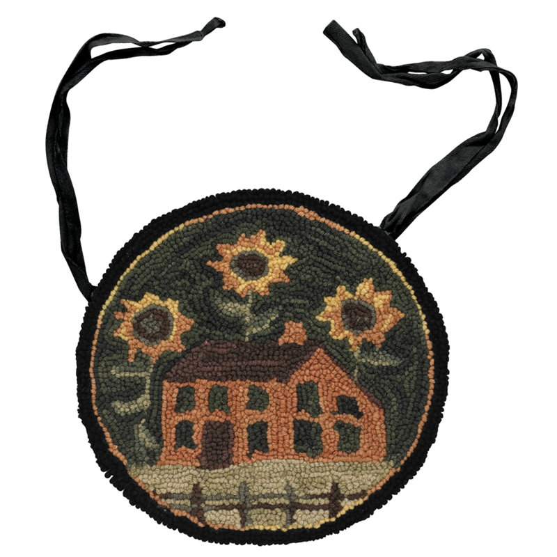 Coussin de chaise rond, à motif floral et crochets, 37 cm de diamètre, motif maison et tournesols