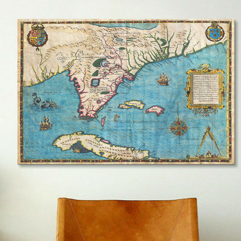 "Cartes antiques de la Floride et de Cuba" par Jacques Le Moyne De Morgues, impression sur toile, Toile tendue, Pas de tapis