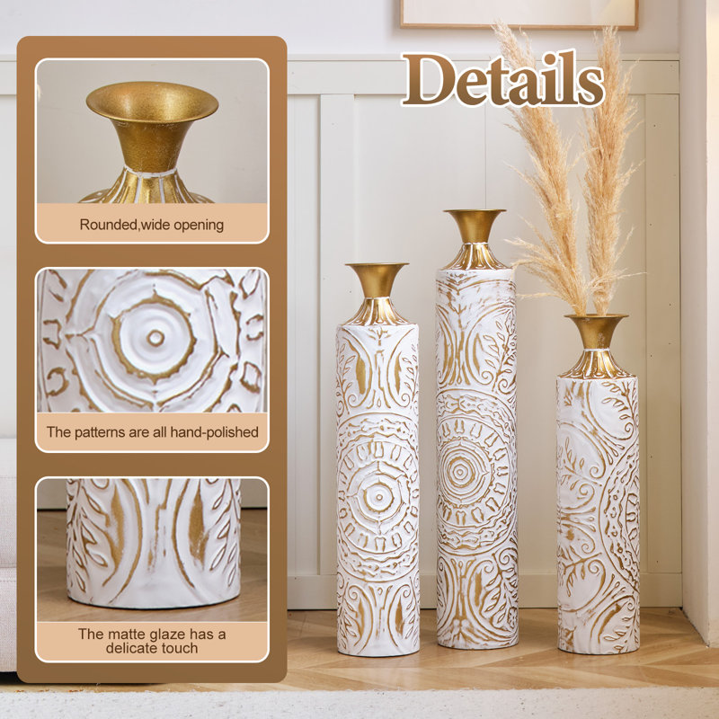 Ensemble de vases de plancher en métal 3 pièces, grand décor en relief doré et blanc pour le salon