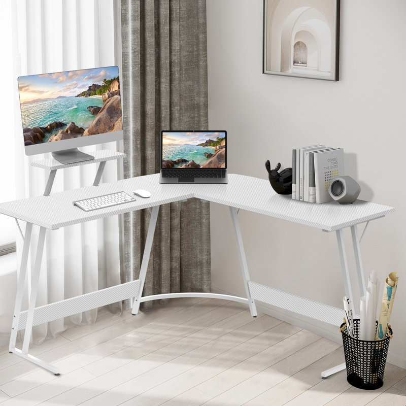 Vanesa 120cm L-Shape Computer Desk Metal Base Corner Gaming Desk Large PC Writing Table, White, 29.5" H x 47.2" W x 47.2" D