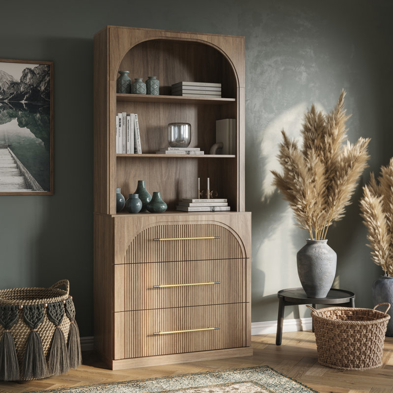 72" Tall Modern Bookshelf with 3 Drawers, Camel