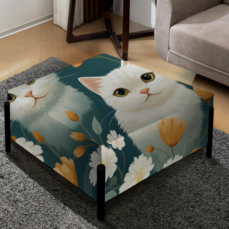 Motif de chat Blossoms sarcelle et blanc pour enfant - grand repose-pieds carré imprimé animal