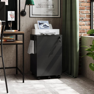 3 Drawer Rolling File Cabinet With Lock, Wood Under Desk Filing Cabinet Fits Letter/Legal/A4 Size For Home Office by Inbox Zero