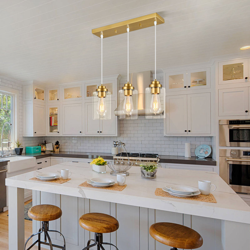 3-Light Industrial Kitchen Island Transparent Glass Pendant Light, Gold