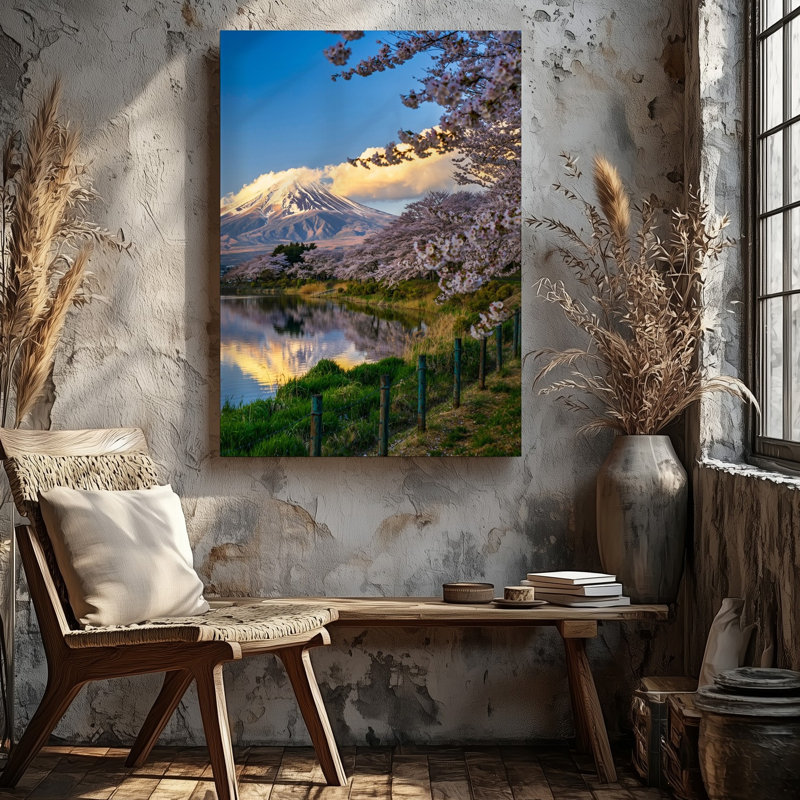 Toile, "Tranquil Spring Scene Doting A Majestic Snow Capped Mountain", art mural sur fond entouré de cerises délicates