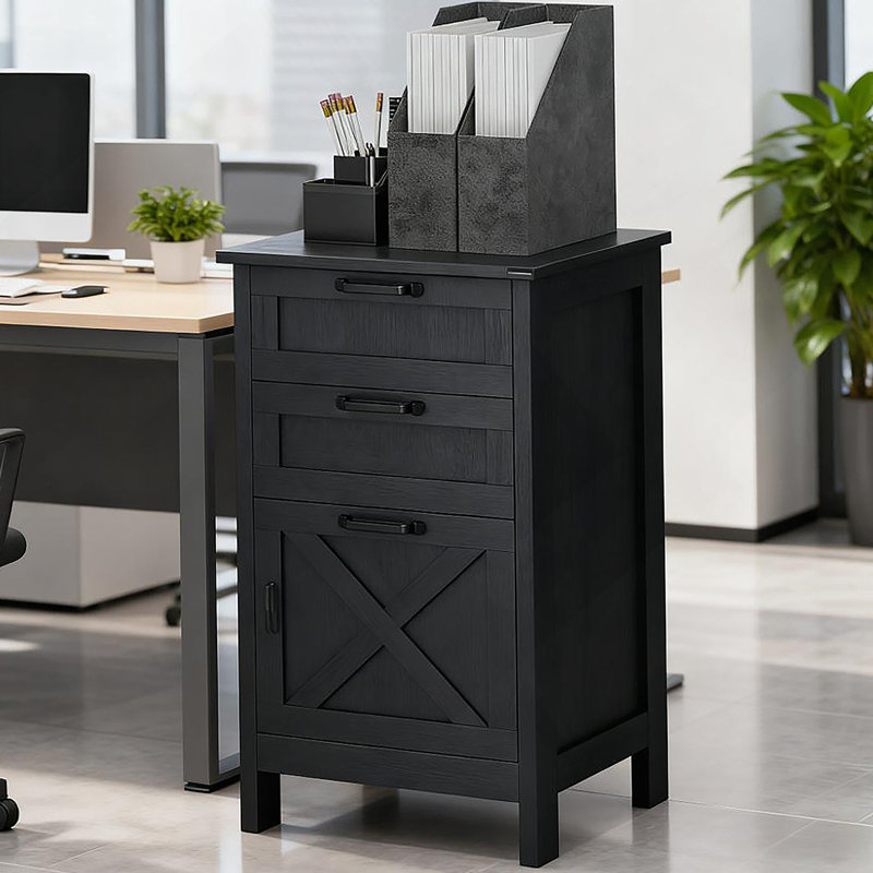 File Cabinet With 3 Drawers,Rustic Farmhouse Office Storage Cabinet,For Home And Office, Distressed Black