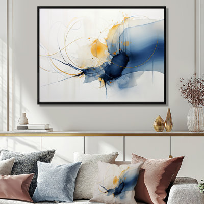 Sérénité en or bleu - Encre liquide, art mural abstrait, salon