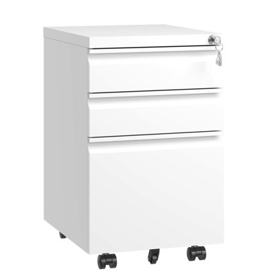 Classeur verrouillable 3 tiroirs White Office Rangement en métal entièrement assemblé. Convient aux lettres / au format légal / A4. Porte-documents sécurisé. Les tiroirs contiennent un plateau à crayons amovible. Rouler en douceur sur 5 roues. Construire
