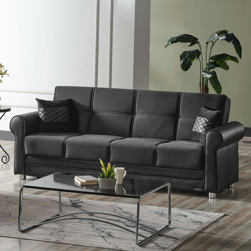 Sara Fabric Upholstered 3-in-1 Sleeper Sofa Bed with Storage, Black Polyester, 36.61"H x 87.79"W x 33.46"D