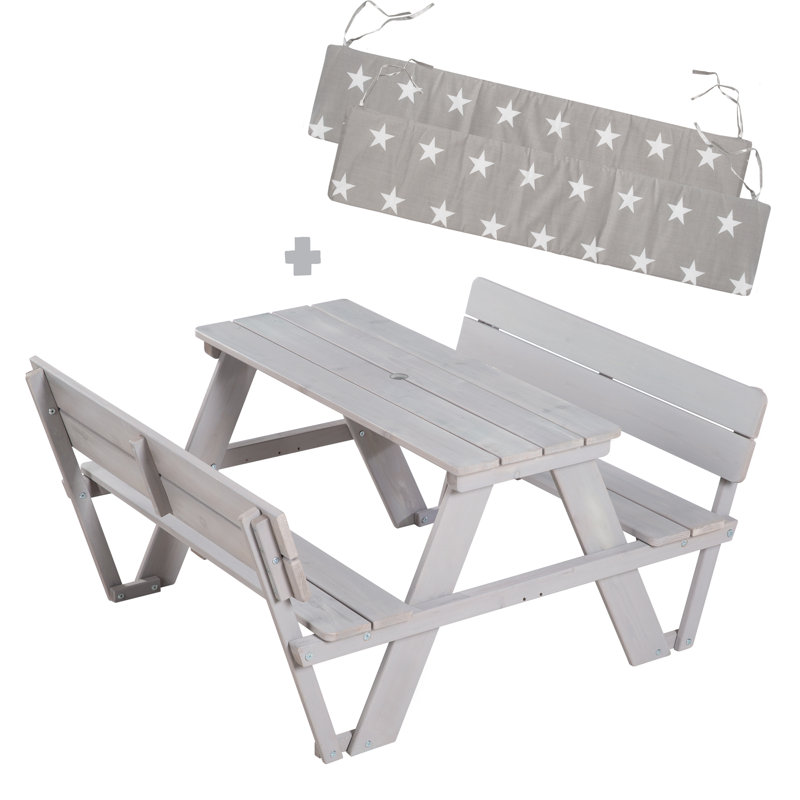 Kids 4 Piece Solid Wood Rectangular and Chair Set and Bench, Grey