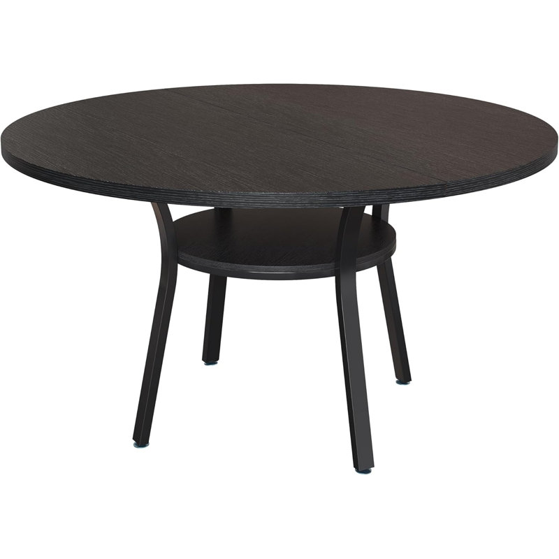 47'' Round Dining Table for 4-6, Farmhouse Dining Room Table, Round Dinner Table with Storage Shelf for Dining Room, Kitchen, Living Room, Black