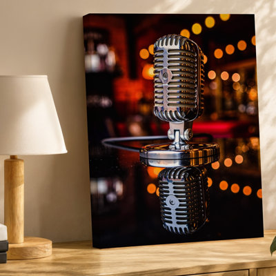 Canvas A Vintage Style Microphone Stands Prominently In The Foreground Showcasing Wall Art Intricate Chrome Detailing And A Classic Canvas Wall Art