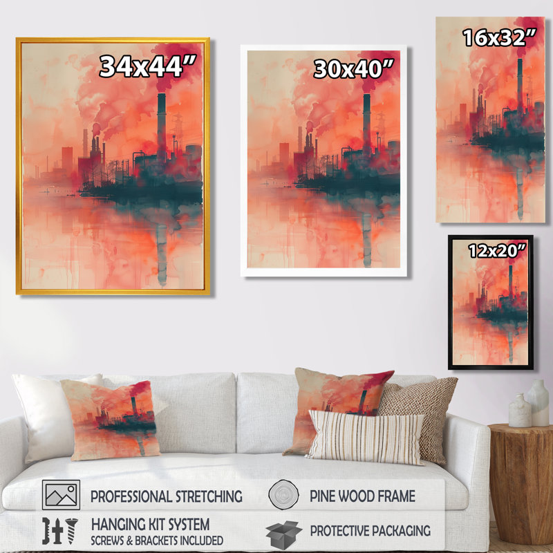 Red Orange Electric Dreams Power Plant - Power Plants, art mural, H 34 po x l 44 po, Encadrement argenté