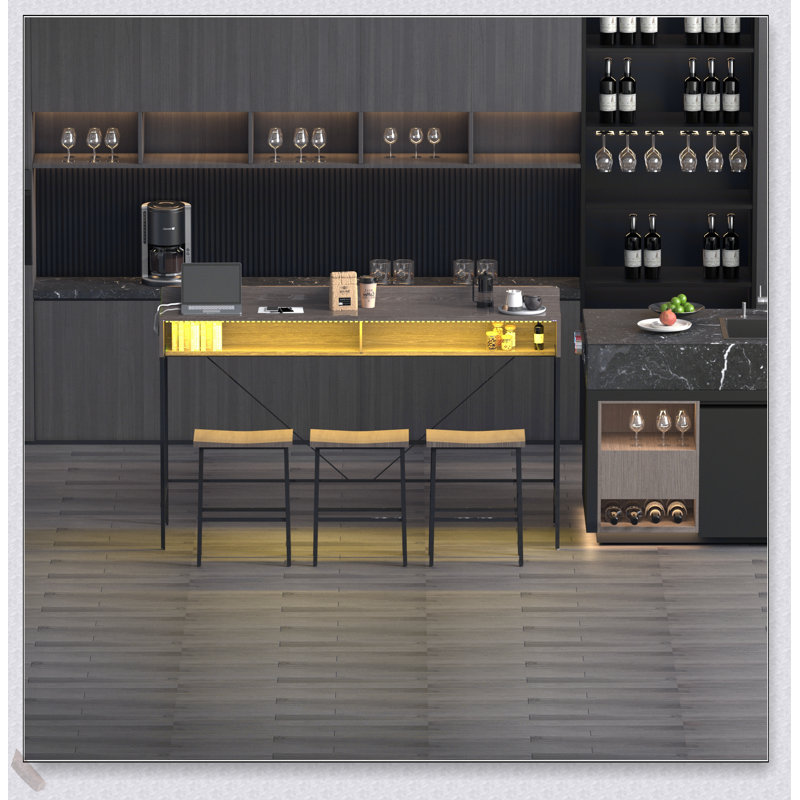 59 Inch Farmhouse Bar Table with Power Socket, LED Light, and 3 Saddle Stools for Living and Dining Rooms