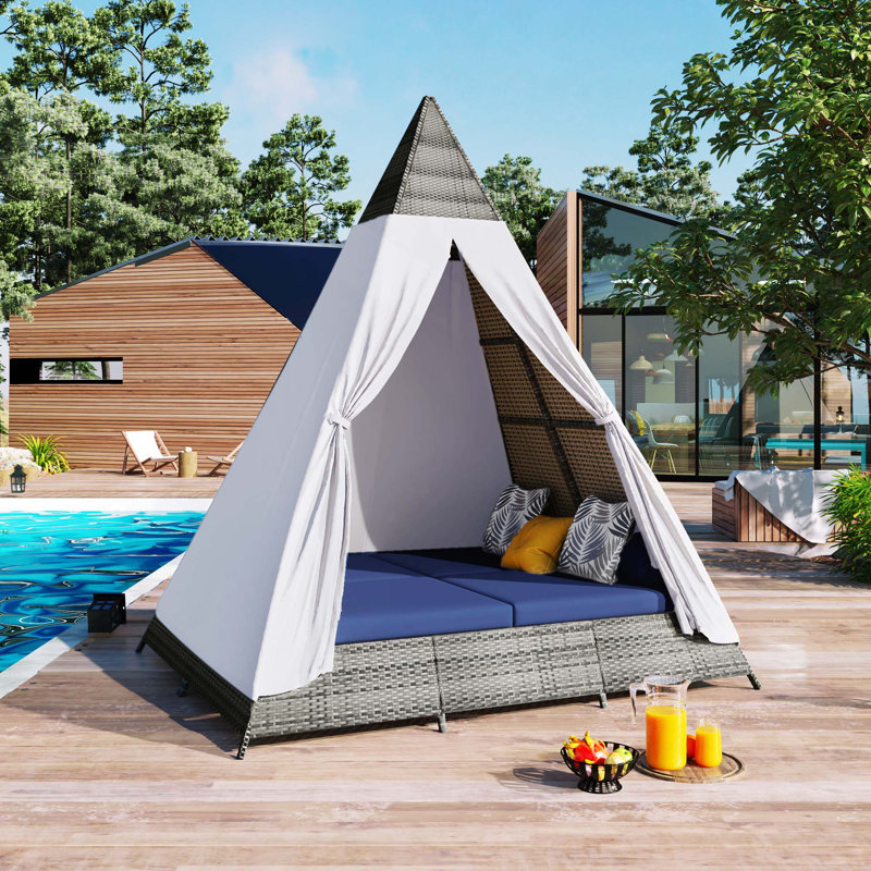 90.5" Outdoor Wicker Sunbed With Colorful Pillows, Cushions & Tent Shape, Gray, Blue