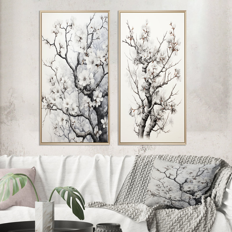 «Grey White Tree Graphite Whispers», 2 pièces sur toile, Encadrement brun, H 32 po x l 32 po