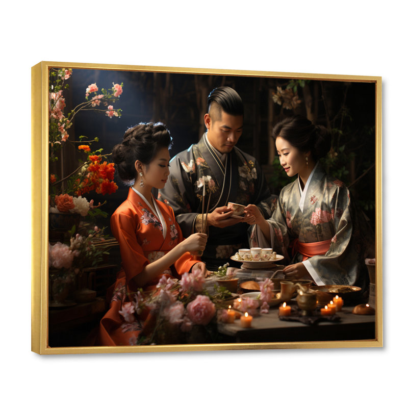 «Asian Art Harmony in Tea» - reproduction d'art, H 12 po x l 20 po x P 1 po, Toile avec cadre flottant or