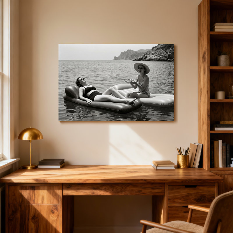 Scène de piscine rétro en noir et blanc, H 16 po x l 24 po