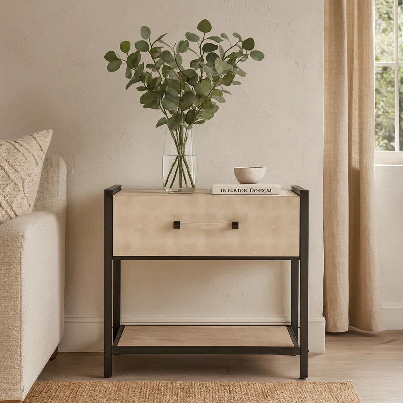 Table d'appoint Caz, 1 tiroir, cadre noir, similicuir chagrin, 26 po