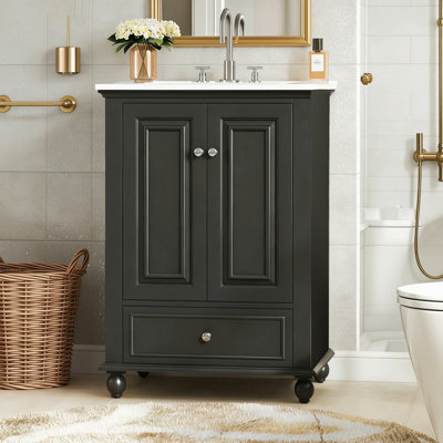 Meuble-lavabo 24 po avec lavabo en céramique, armoire de rangement avec portes à fermeture douce, armoire de salle de bain avec tiroir et séparateurs de tiroir