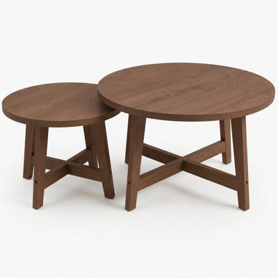 Set of 2 Round Nesting Coffee Tables, Walnut tone Finish Modern Side Tables, X-Shaped Frame Stackable End Tables for Living Room, Bedroom, Balcony